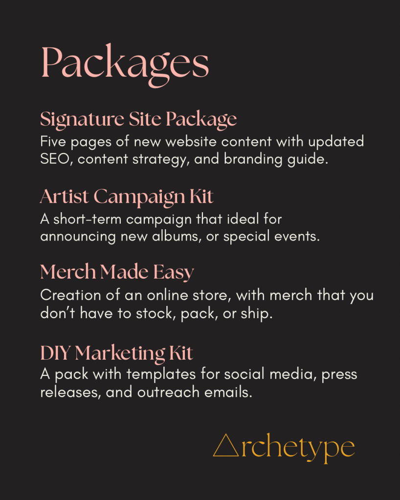 Music marketing packages, diy marketing kit, website copywriting package, promotional campaign kit, droppshipping, online merch store